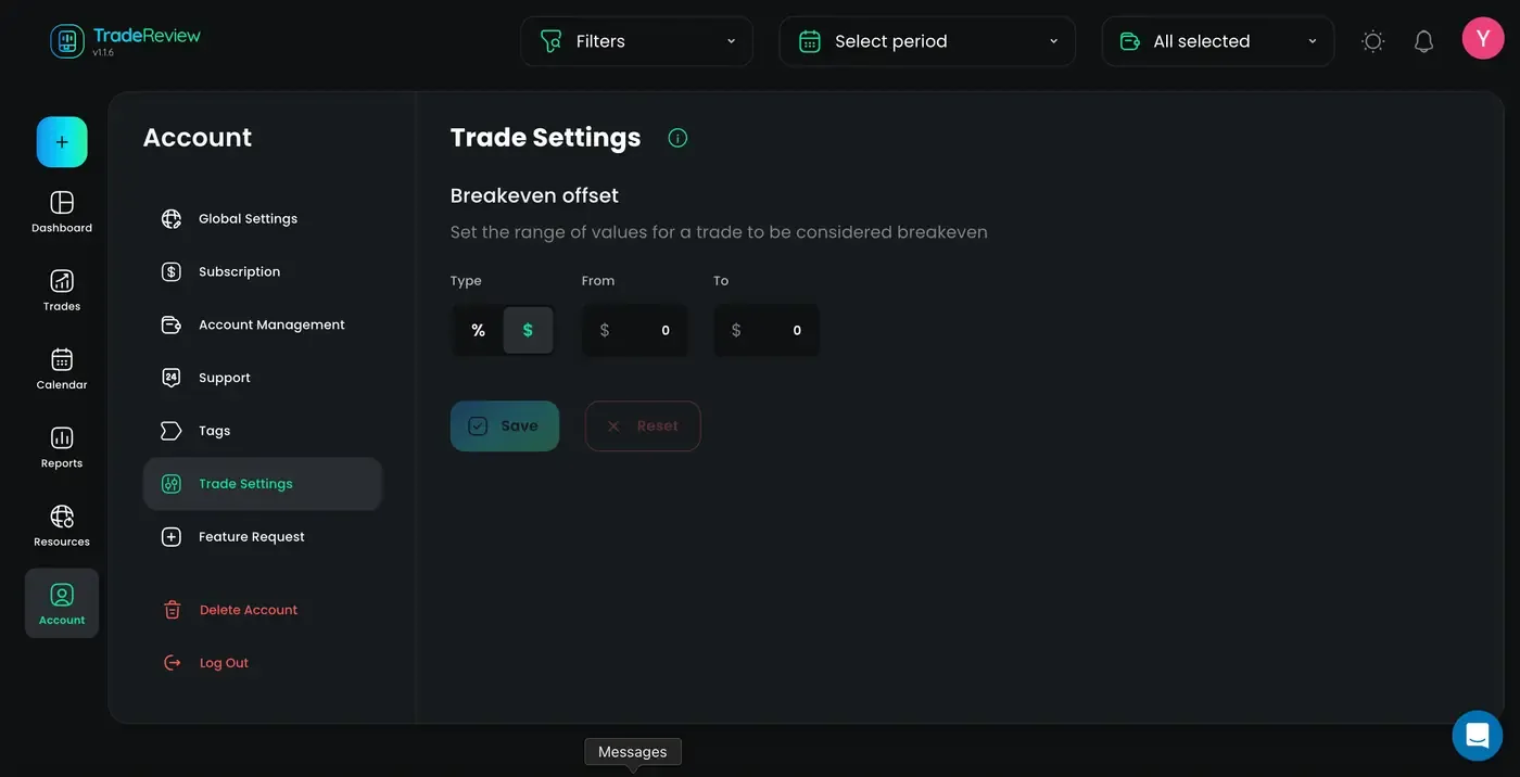 Breakeven trade settings screenshot Breakeven trade settings — screenshot 1