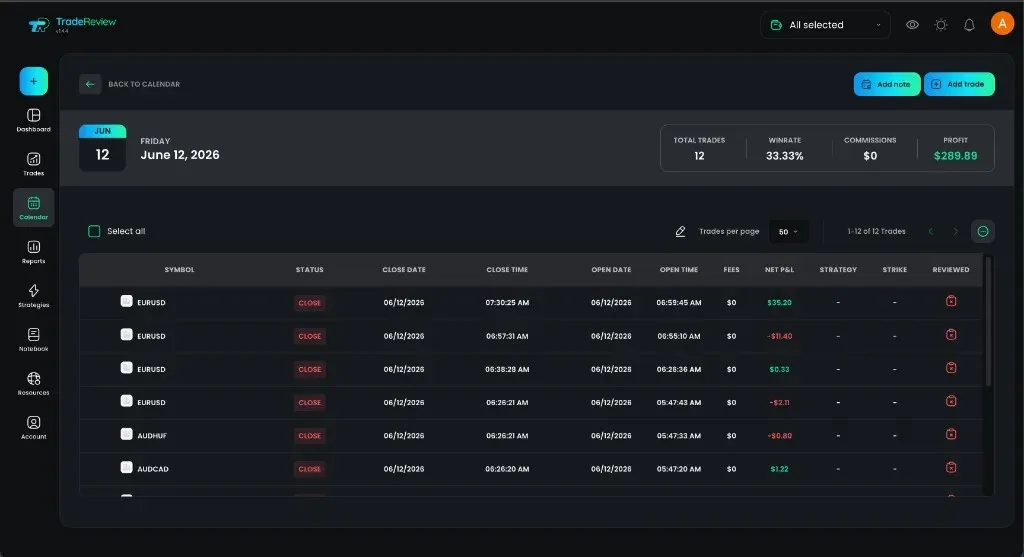 TradeReview calendar day details