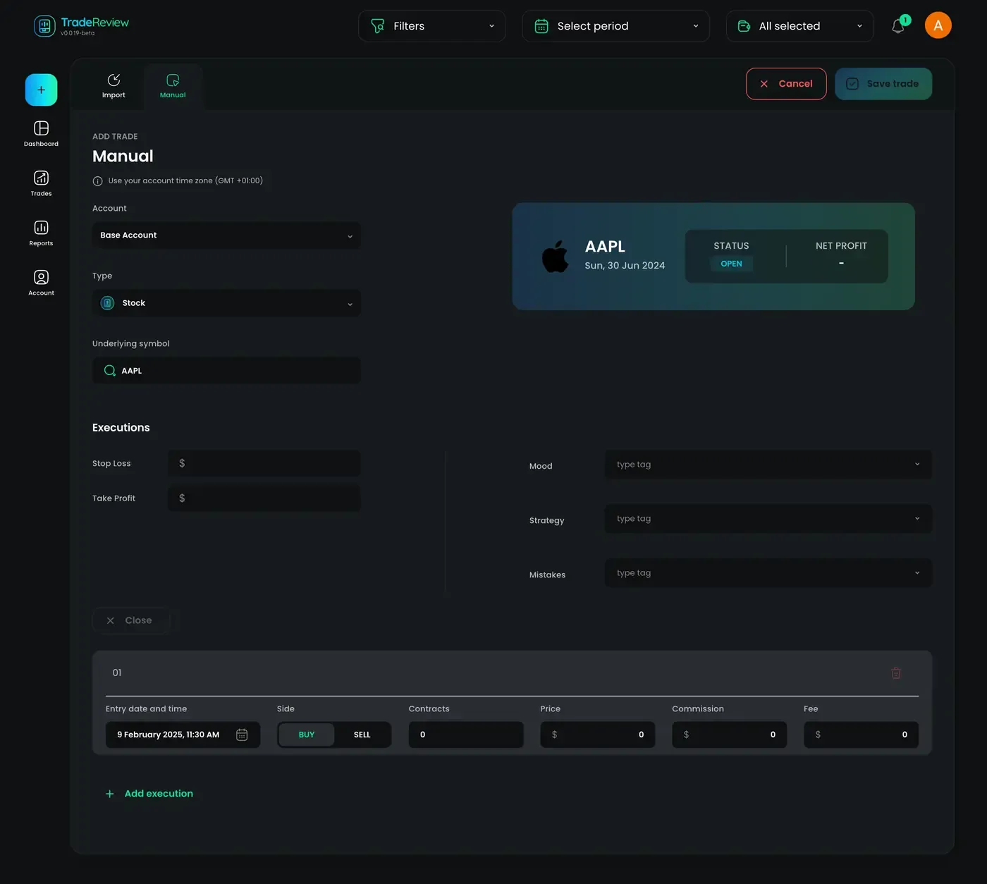 Manual trade entry screenshot Adding a trade manually in TradeReview