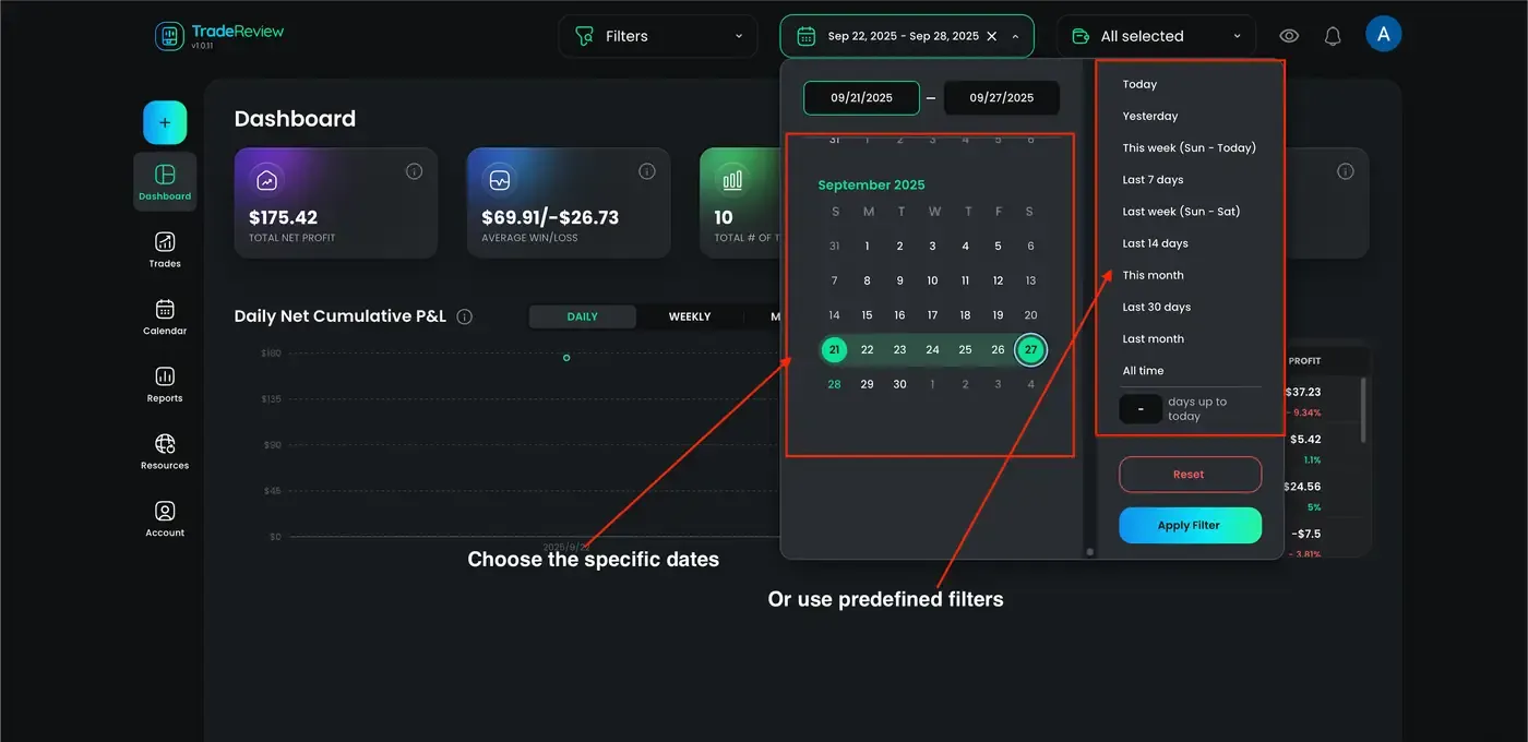 Filter trades screenshot How to filter trades — screenshot 1