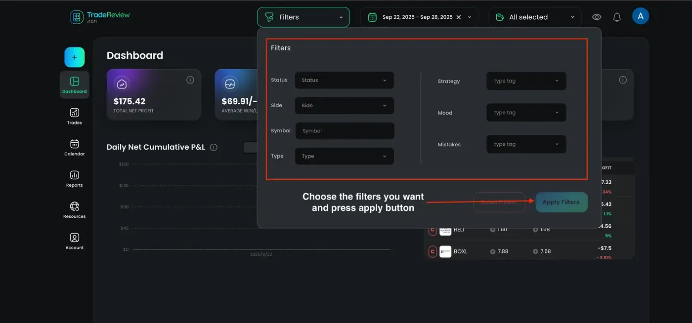 Filtered trades results screenshot How to filter trades — screenshot 2