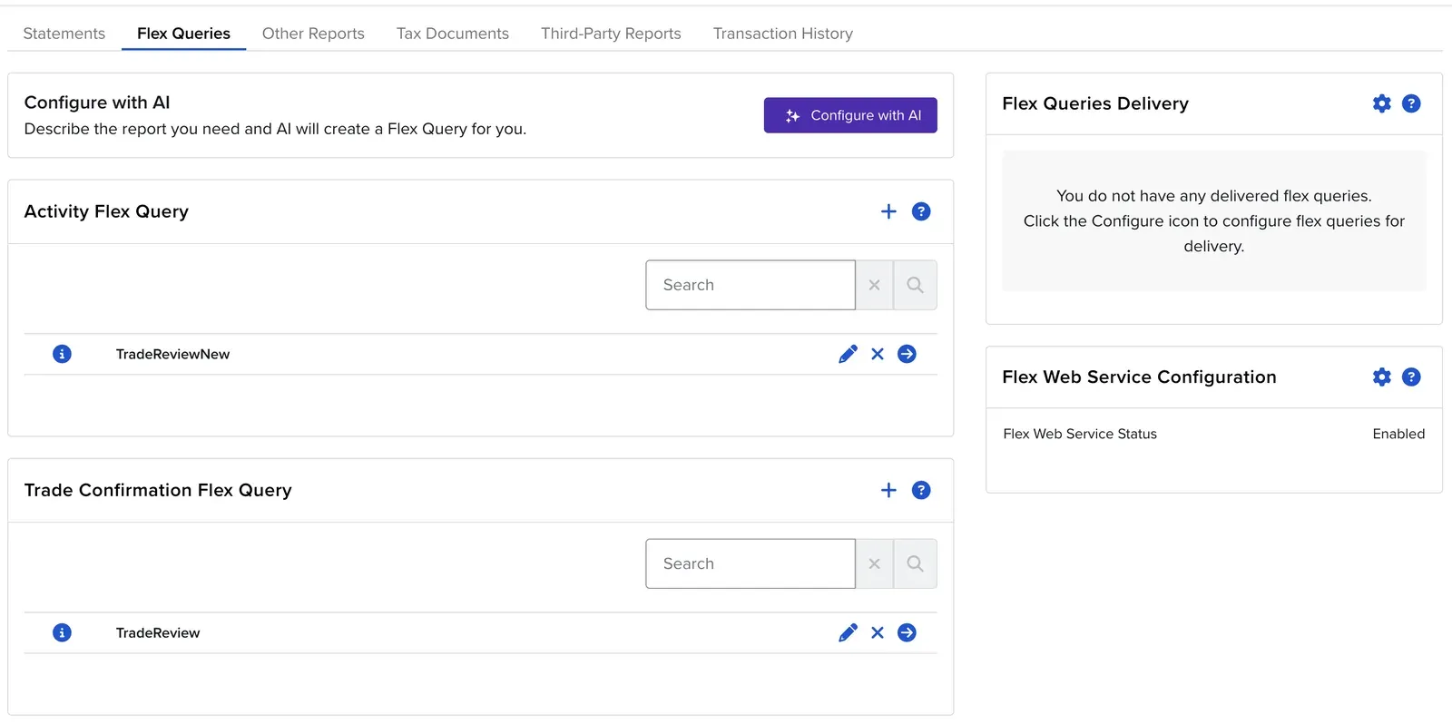 IBKR Flex Queries page IBKR Flex Queries page with Activity Flex Query, Trade Confirmation Flex Query and Flex Web Service Configuration panels