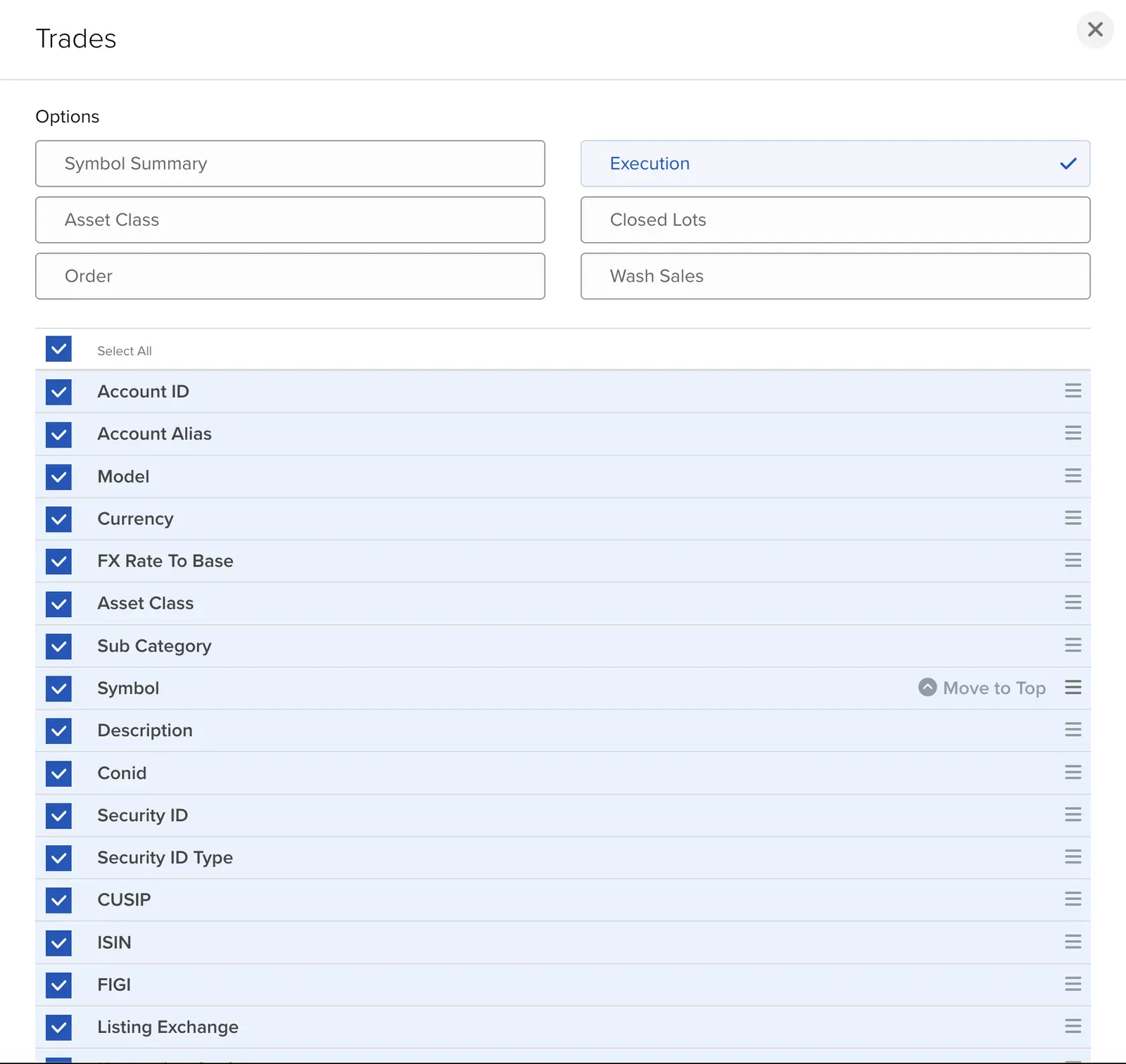 IBKR Activity Flex Query Trades section IBKR Activity Flex Query Trades section with the Execution option and Select All ticked