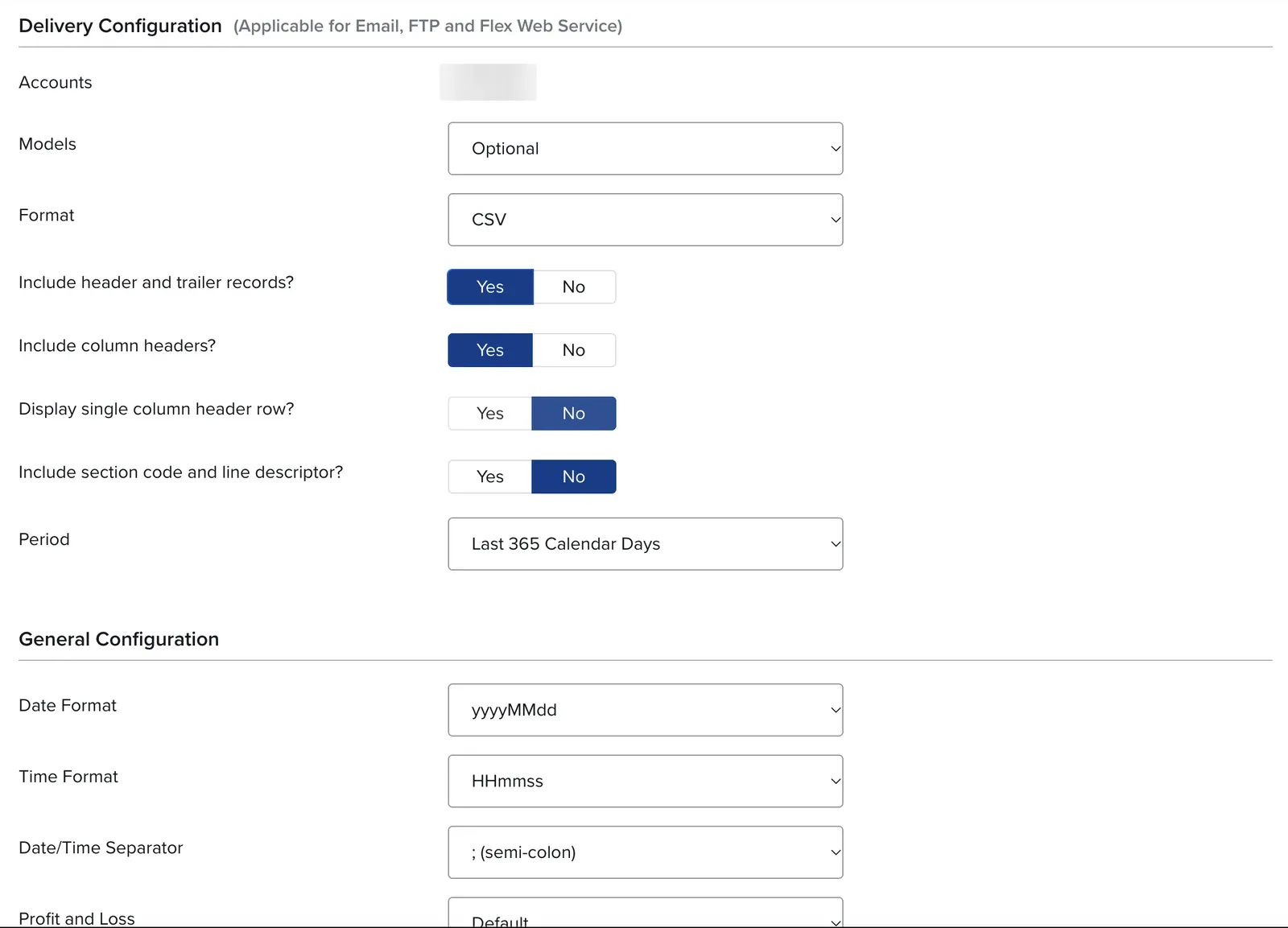 IBKR Activity Flex Query delivery settings IBKR Activity Flex Query delivery and general configuration: CSV format, header and trailer records, Last 365 Calendar Days, yyyyMMdd and HHmmss