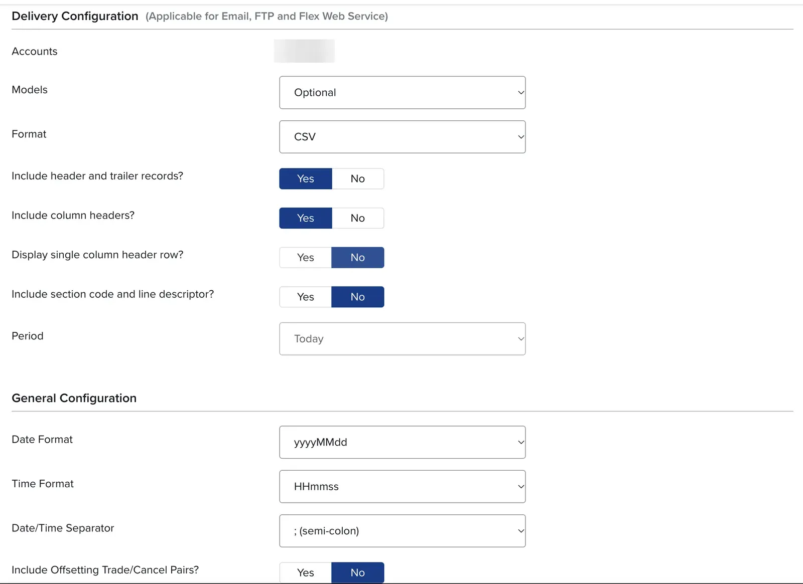 IBKR Trade Confirmation Flex Query delivery settings IBKR Trade Confirmation Flex Query delivery settings with CSV format and Period set to Today