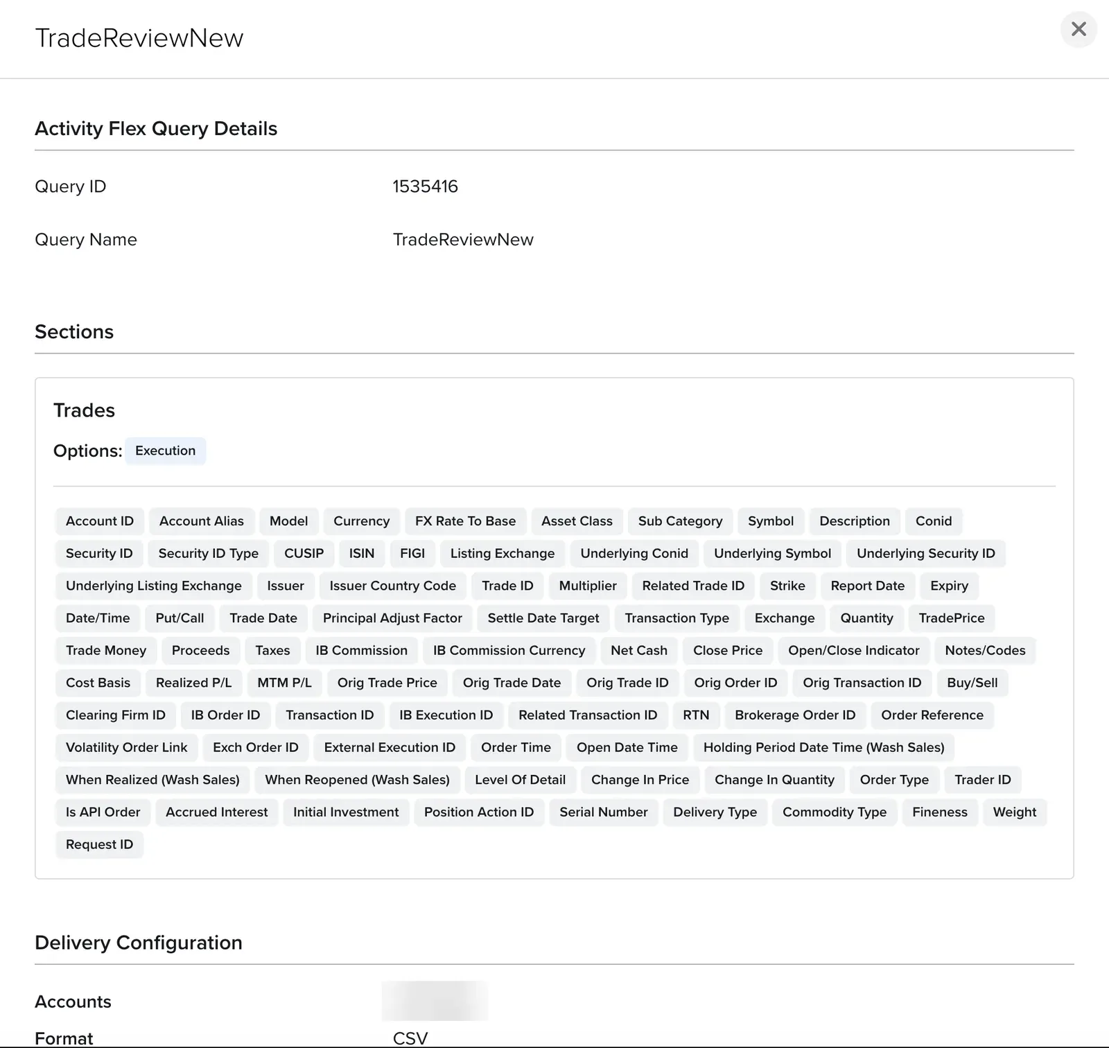 IBKR Flex Query ID IBKR Activity Flex Query details window showing the Query ID