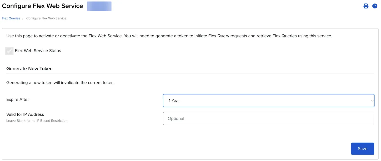 IBKR Flex Web Service token settings IBKR Configure Flex Web Service page with Expire After set to 1 Year and the IP address field left blank