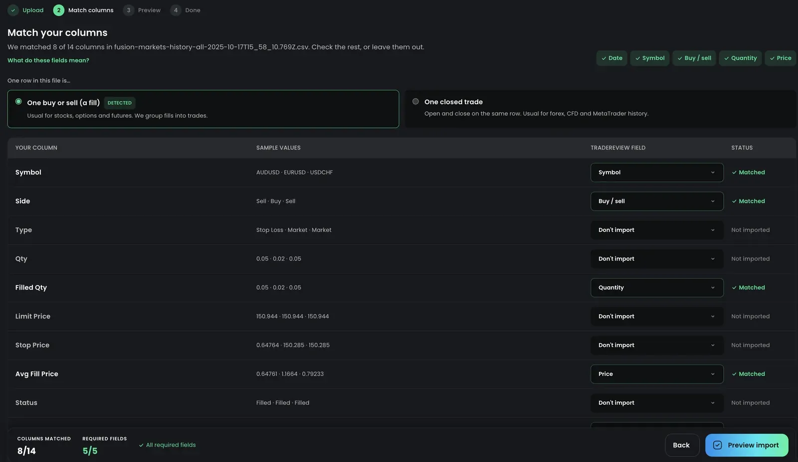 Match your columns Match columns step: each column in the file with sample values and the TradeReview field it holds