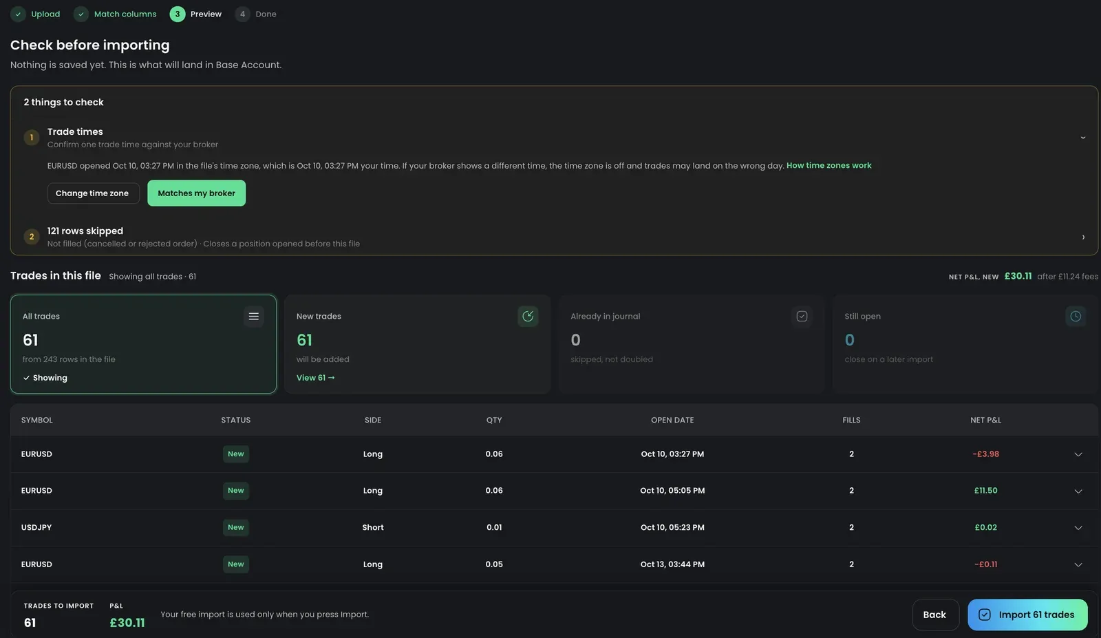 Check the preview before importing Import preview with things to check, trade counts and the list of trades