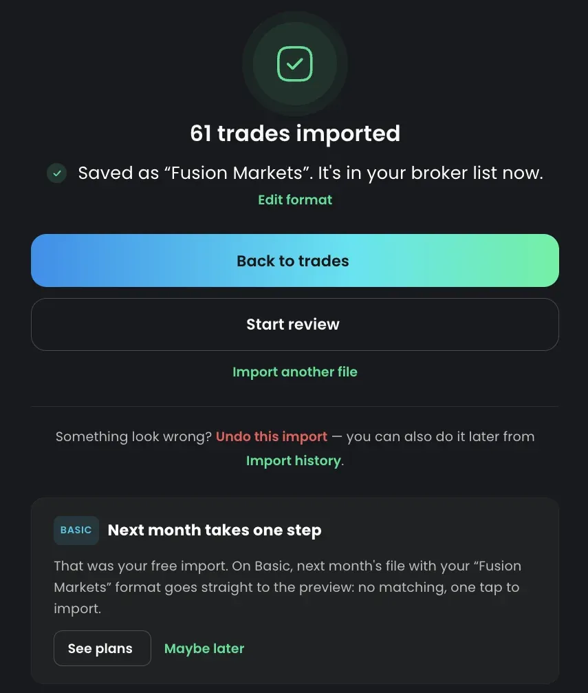 The summary after an import Import summary: trades imported, the saved format and Undo this import