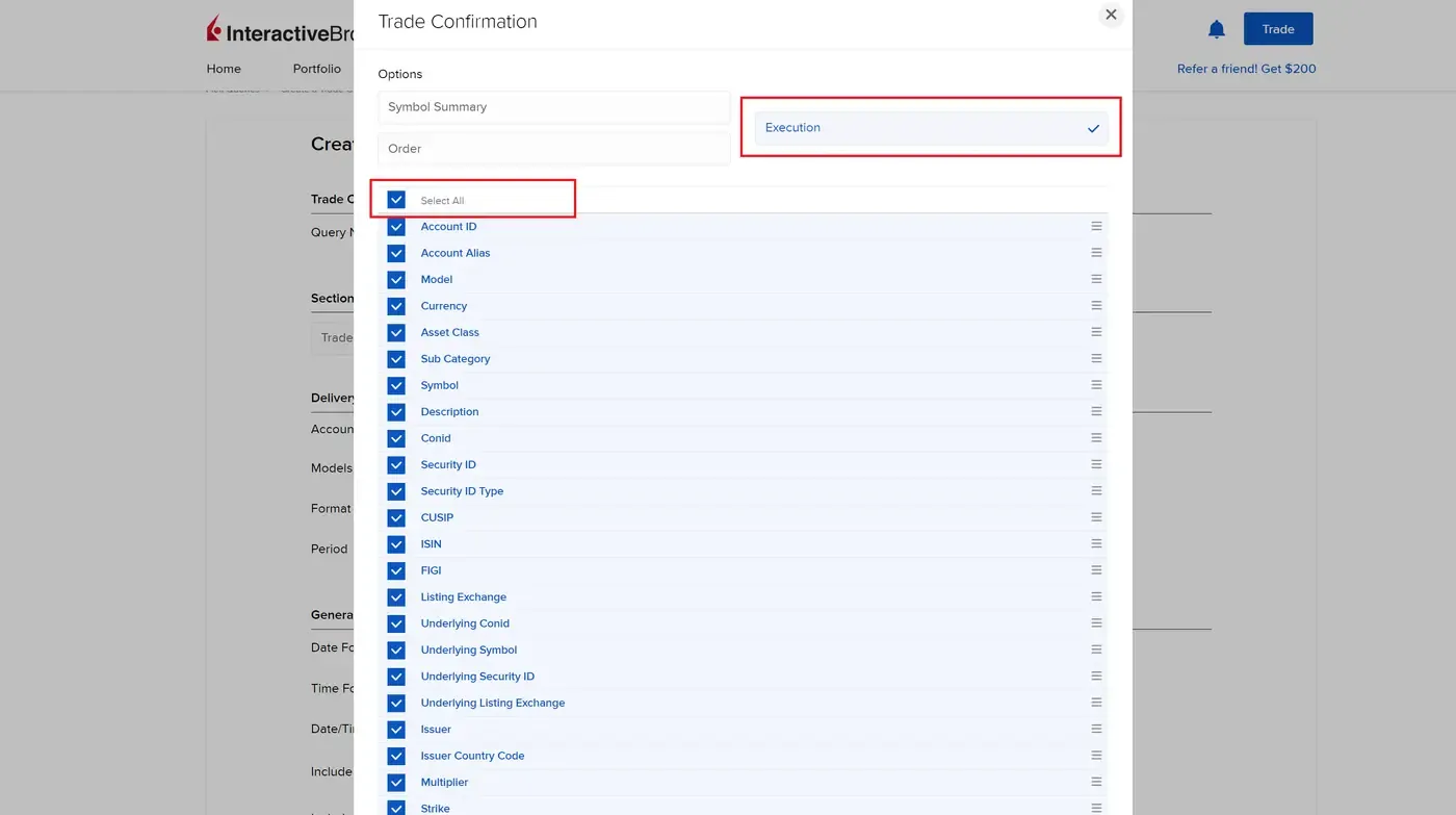IBKR executions screenshot Selecting trade executions in the Interactive Brokers Flex Query