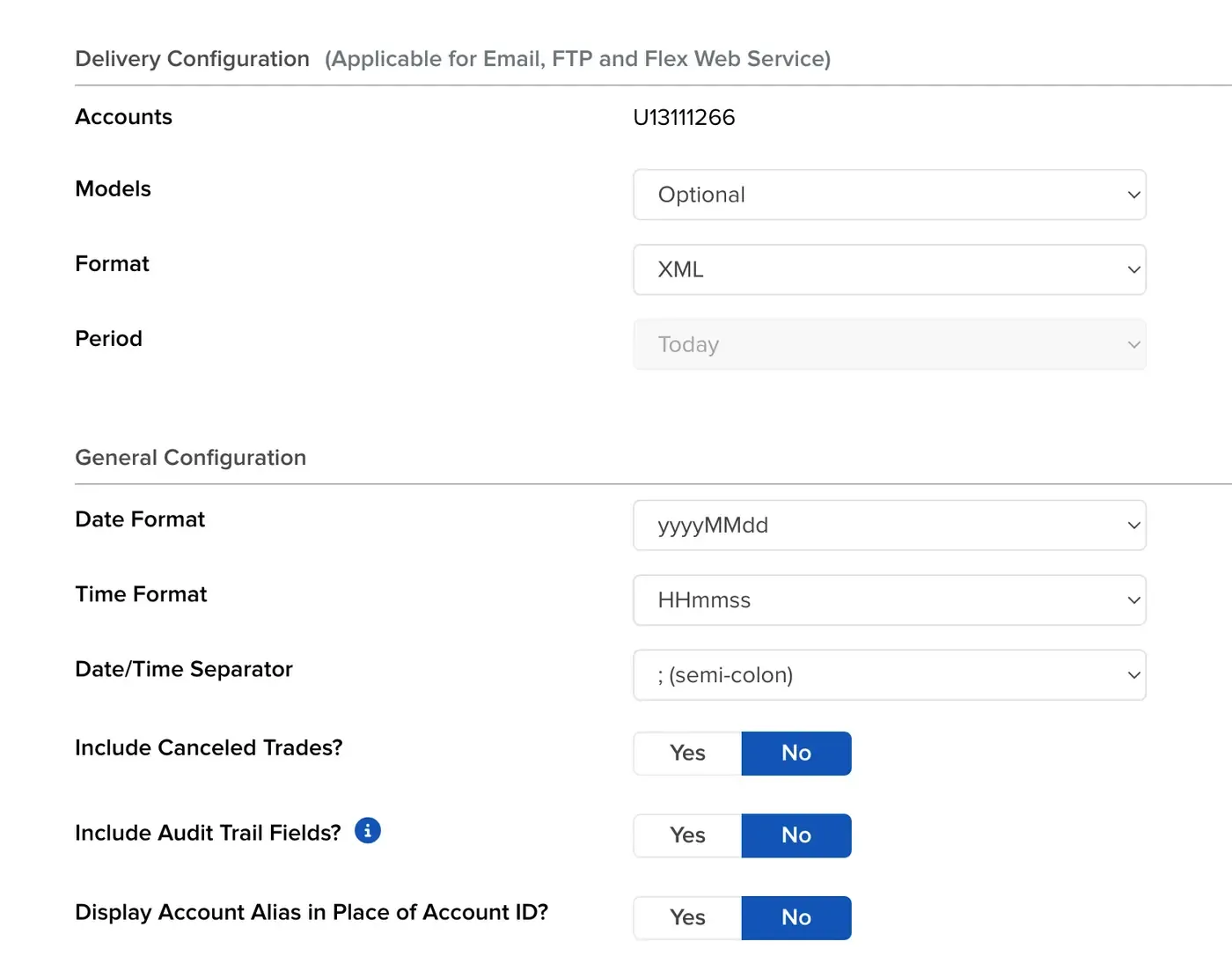 IBKR Flex Query settings screenshot Interactive Brokers Flex Query configuration settings