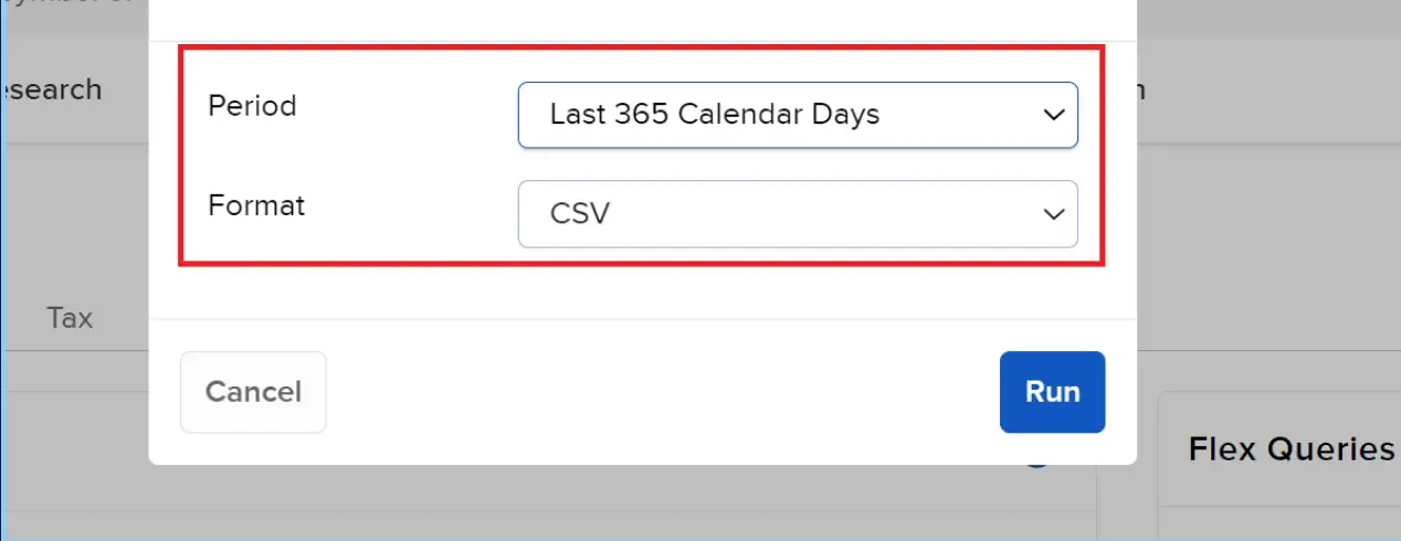 IBKR query period screenshot Setting the date period for the Interactive Brokers Flex Query